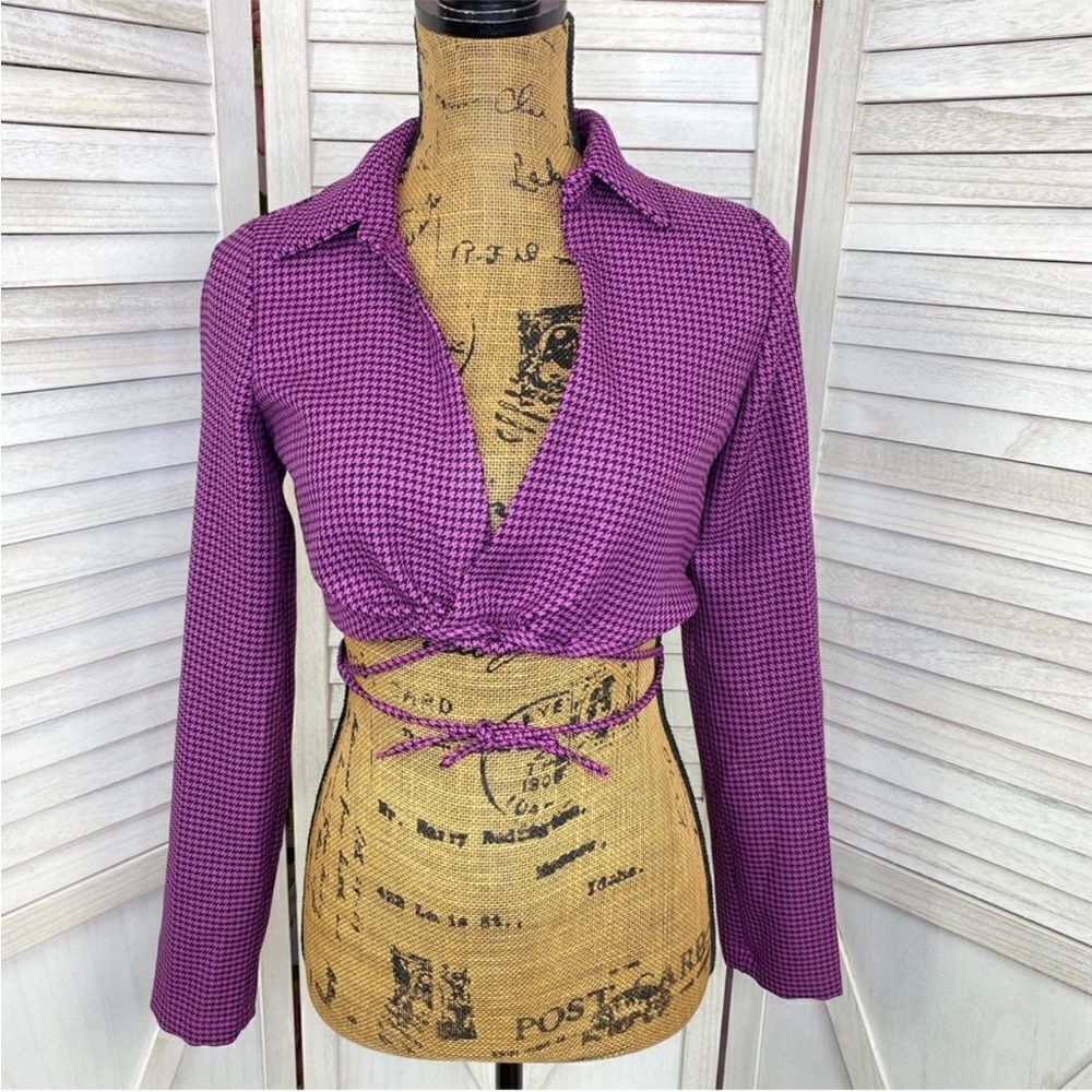 Zara Houndstooth Cropped Polo Top Purple Black Small Long Sleeve Deep V-neck